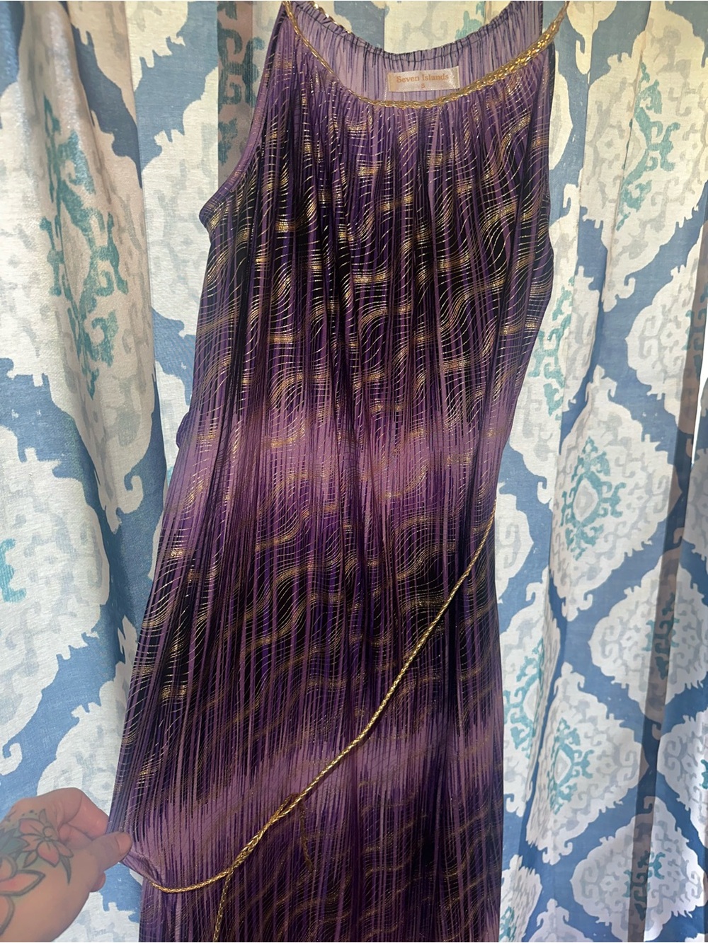 Seven Islands Purple & Gold Metallic Tie Dress | Gold Detail | Boho Luxe Size: S